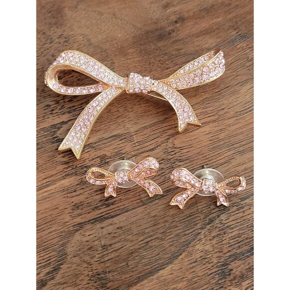 Kenneth Jay Lane Jewelry - Vtg Rare Kenneth J Lane Brooch Ribbon Pink Rose Gold Pin 2.5" And Earrings KJL